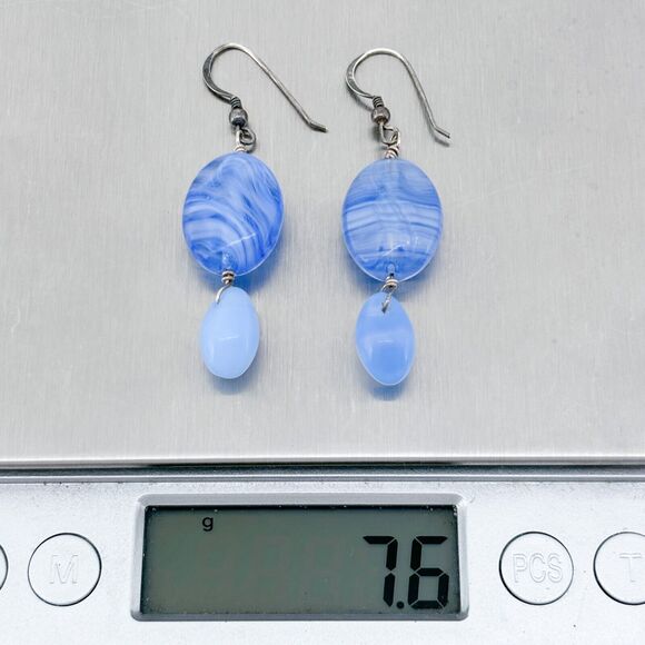 Vintage Sterling Silver 925 Blue Swirled Glass Dangle Earrings - Picture 6 of 6